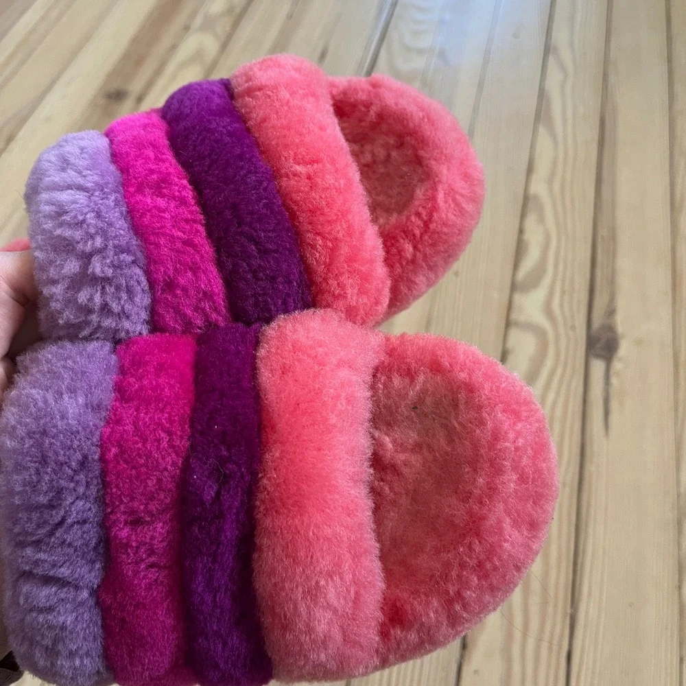 UGG Fluff Yeah Slide Pink Purple Striped Sheepskin Slingback Sandals Kids Size 2